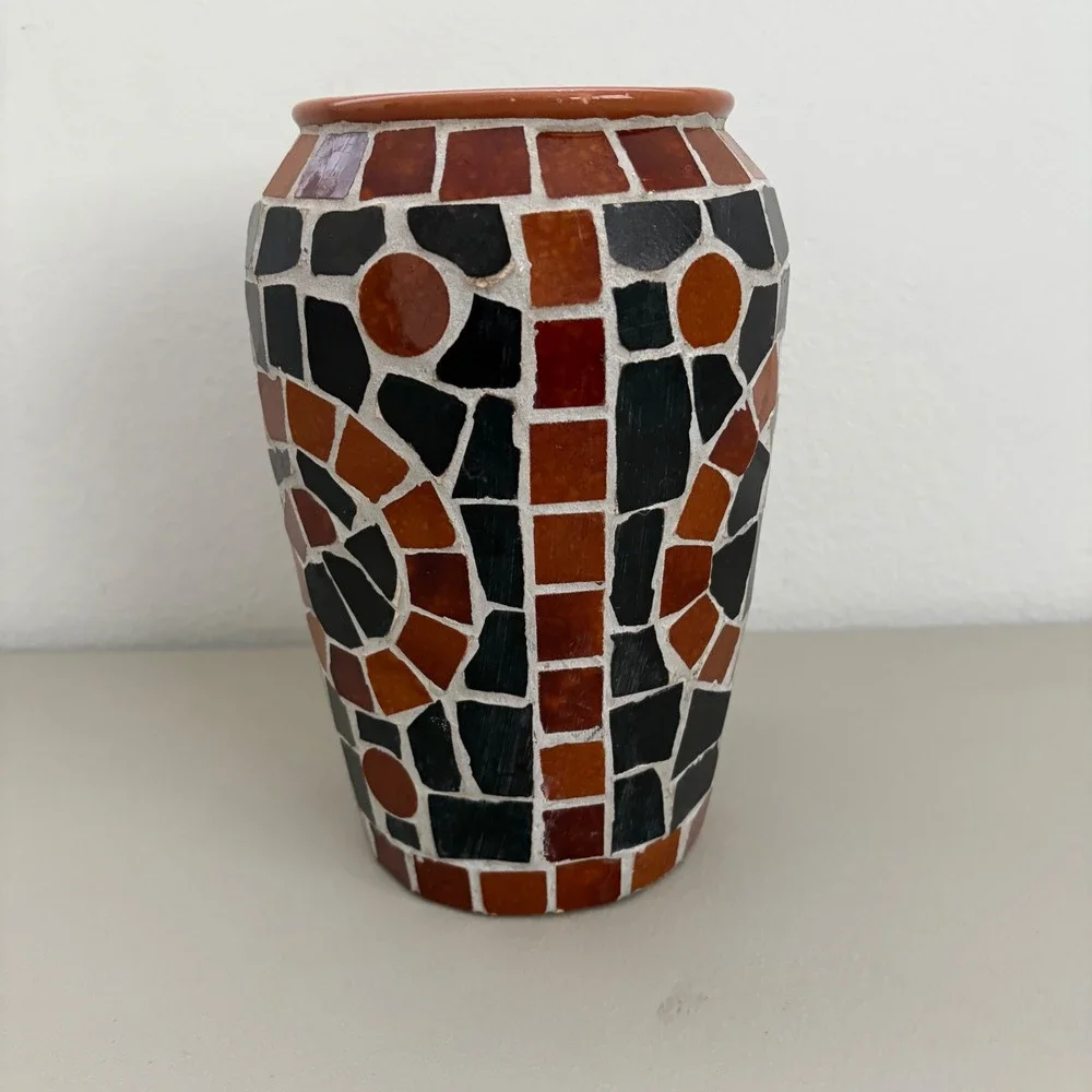 Handmade‎ Mosaic Tile Vase Terracotta Geometric Spiral Earth Tones Boho Decor 9
